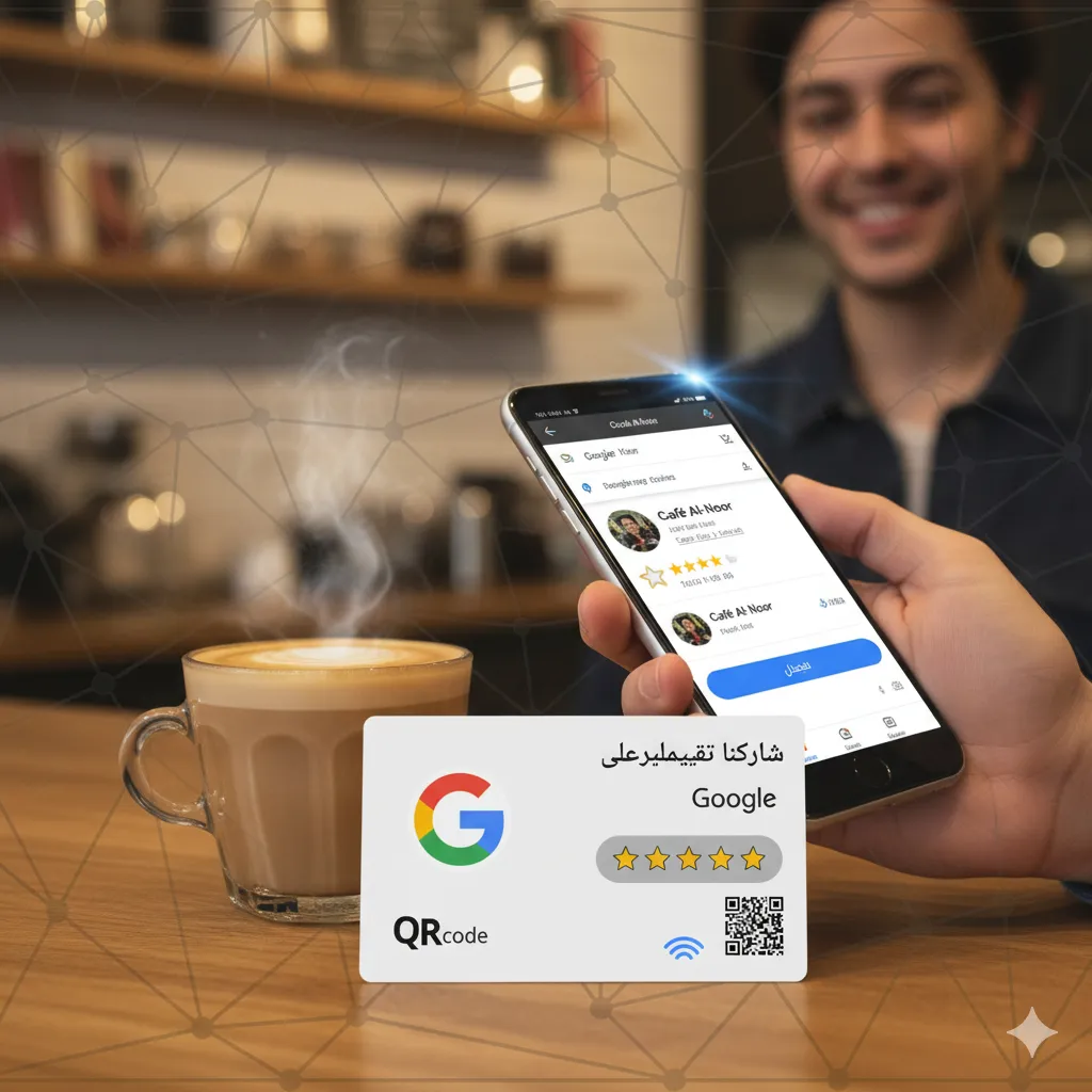 تصميم بطاقات تقييمات جوجل ماب الذكية (NFC & QR): الحل الأمثل لرفع تقييمك المحلي تصميم مخصص لك وبالاوان الي تبي